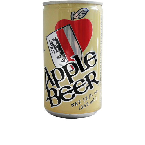 Can of Apple Beer with a red heart and lion emblem on a beige background