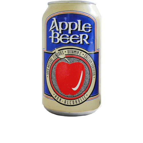 Can of Apple Beer with a blue label and red apple logo on a white background
