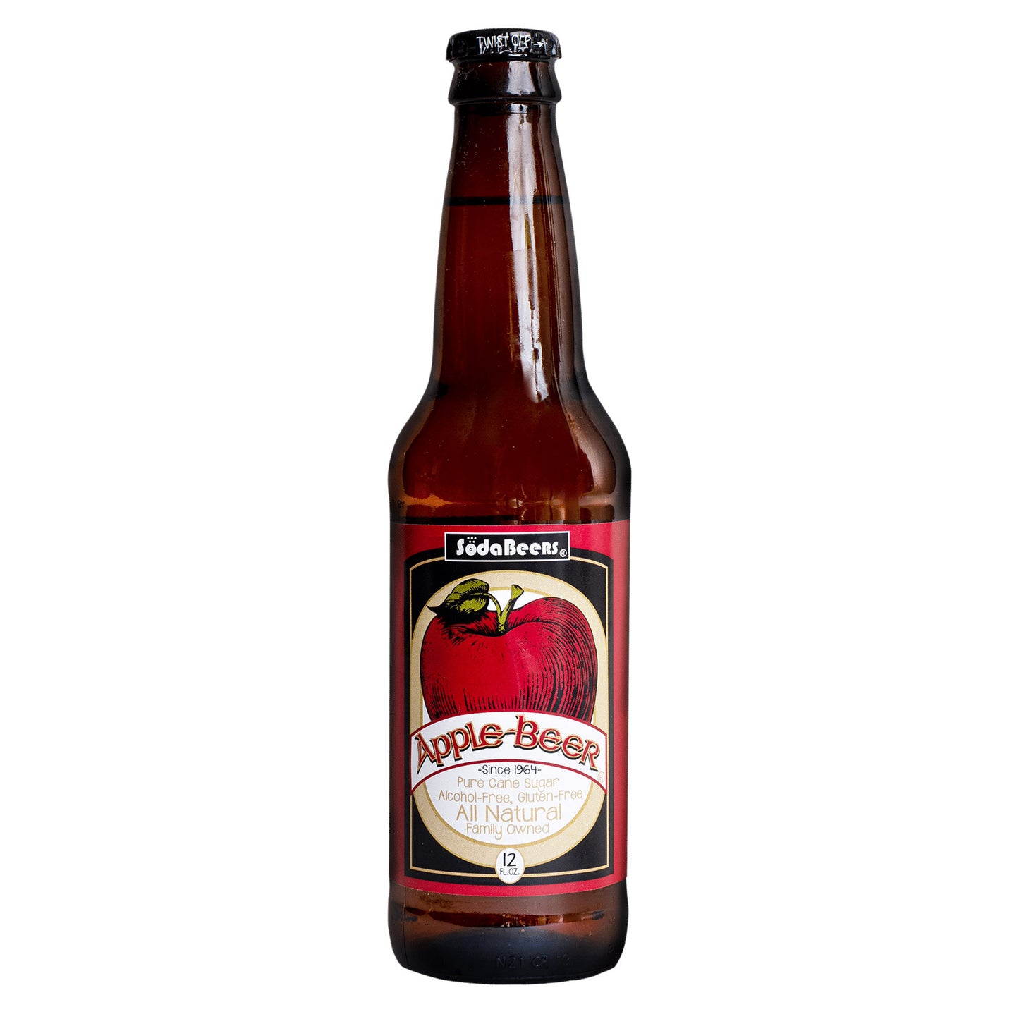Bottle of Apple Beer with a red label featuring an apple on a white background