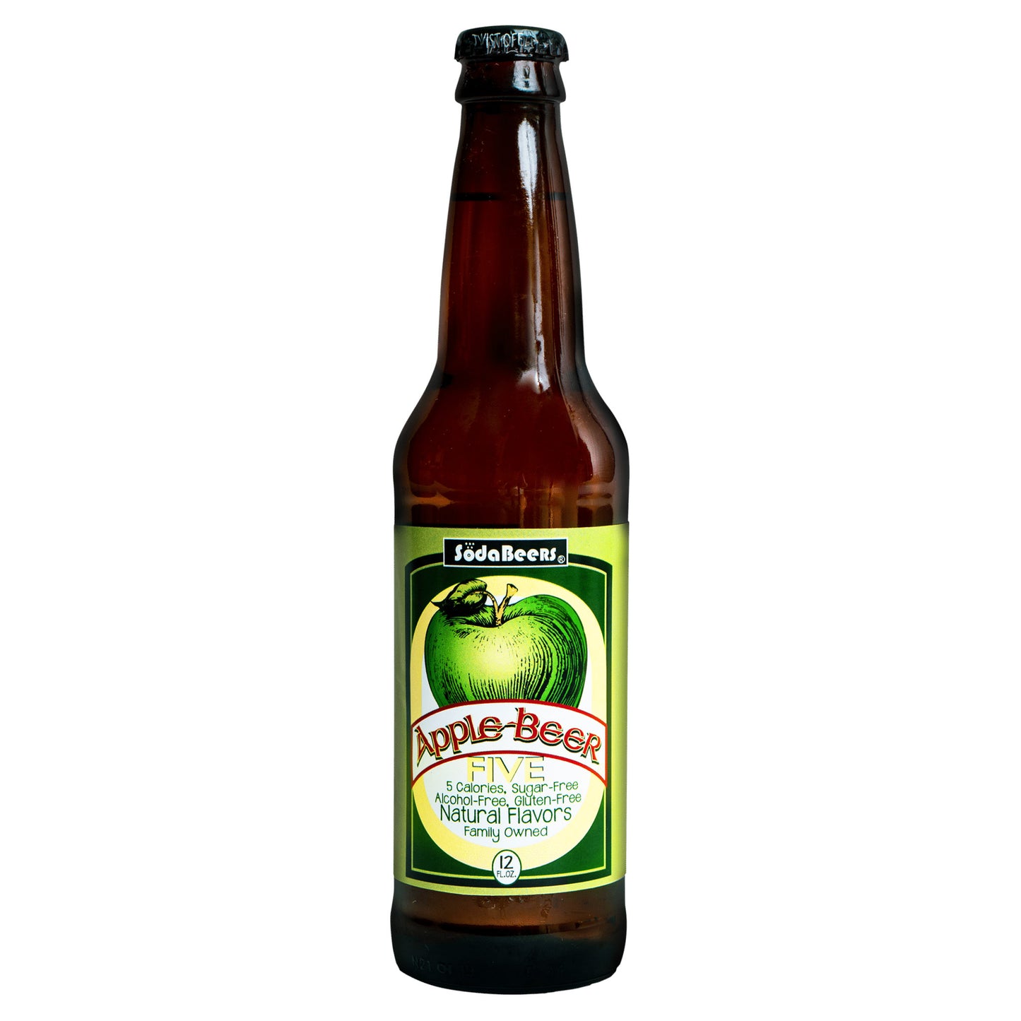Bottle of Apple Beer with a green label on a white background