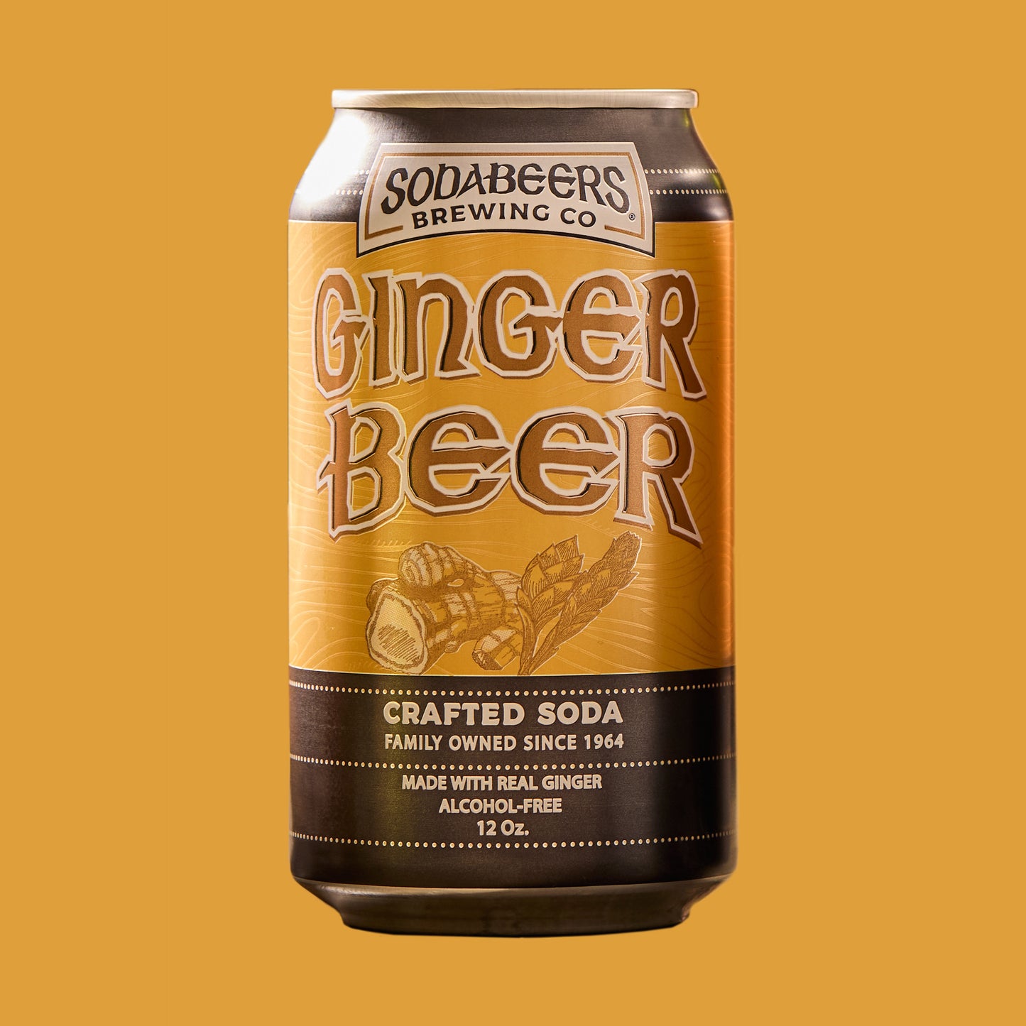 Can of Sodabeers Ginger Beer on a yellow background