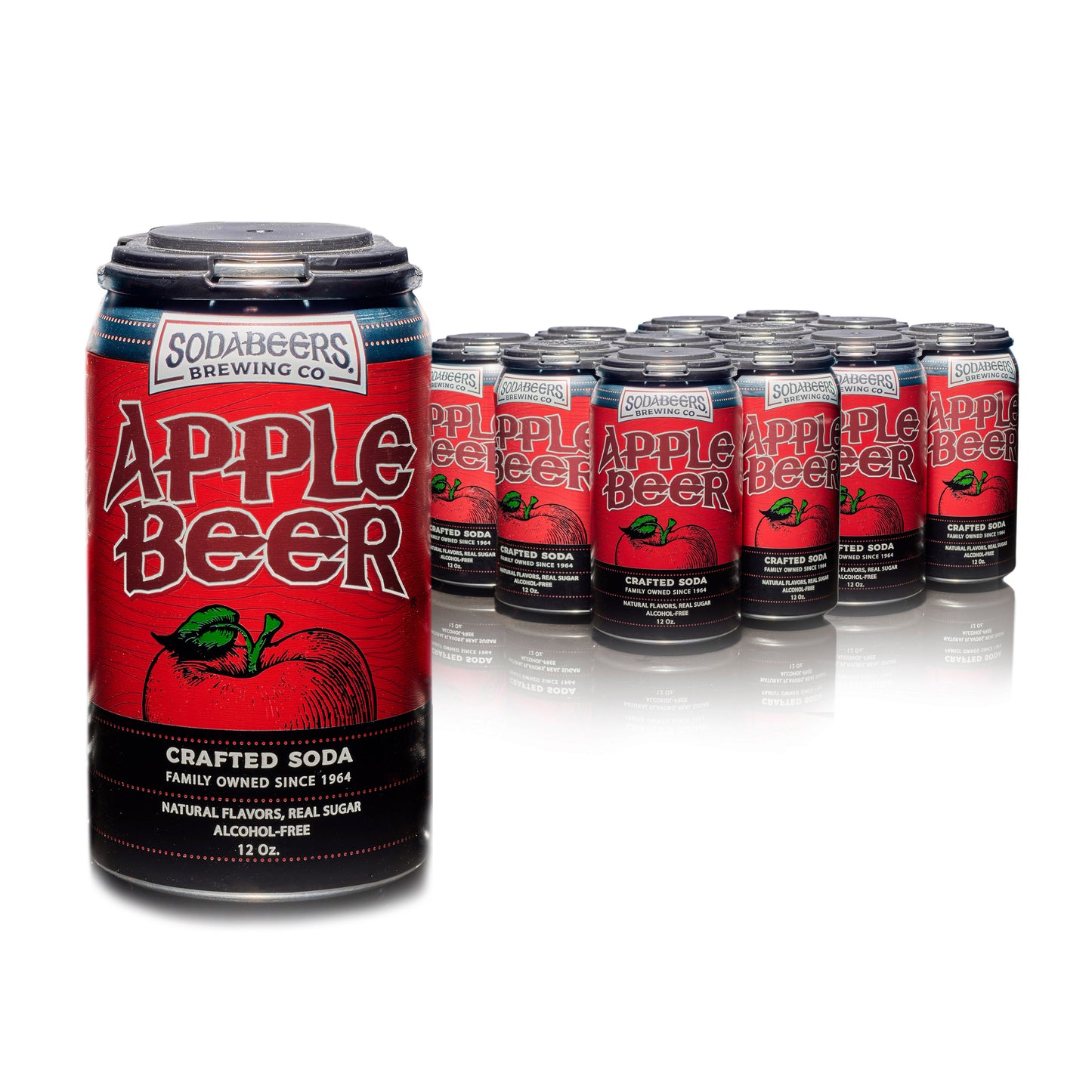 Multiple cans of SodaBeers' Apple Beer on a white background