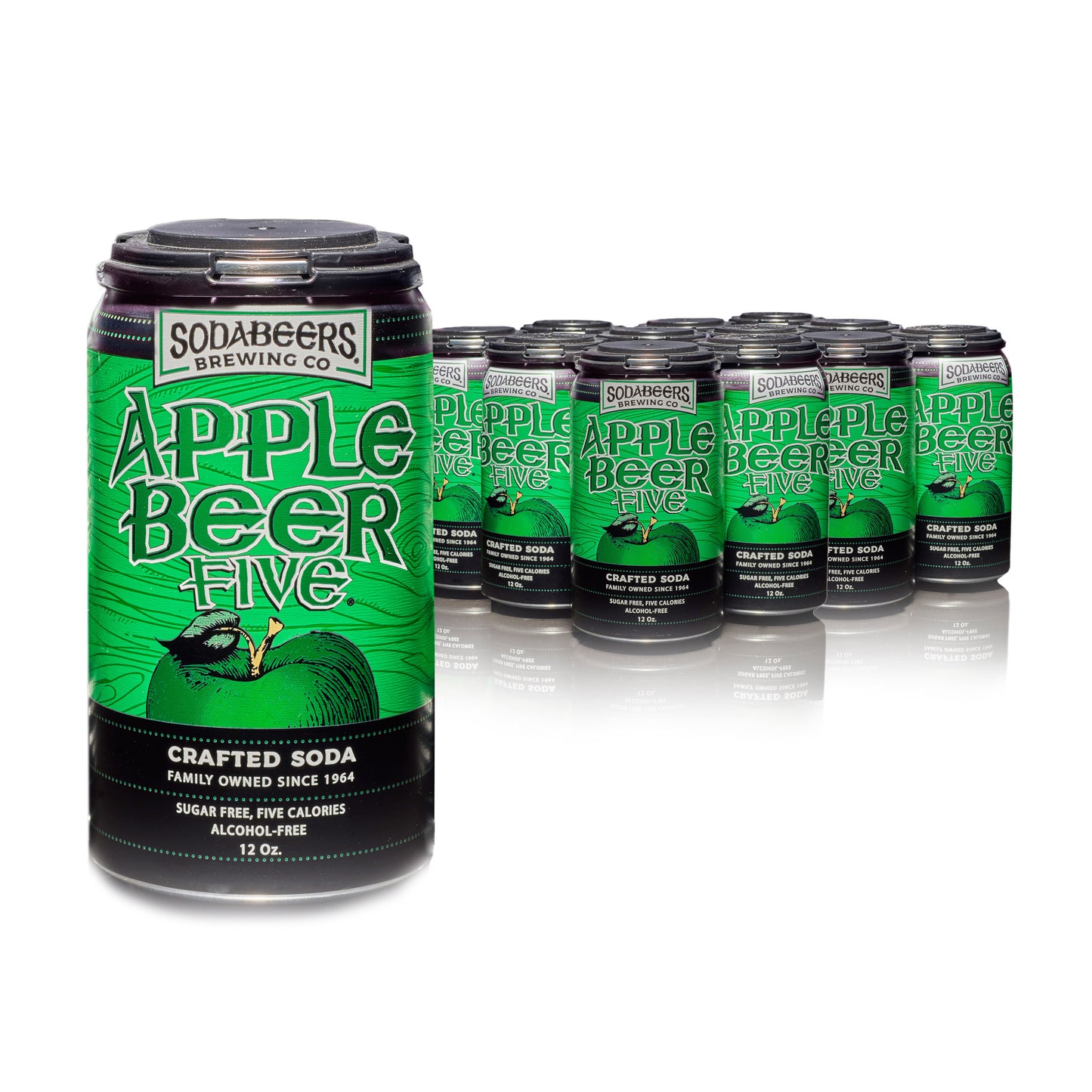 Multiple cans of SodaBeers' Apple Beer Five on a white background