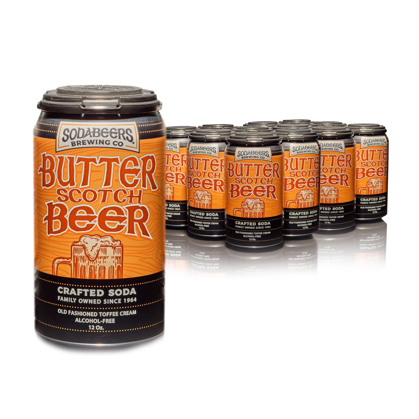 Multiple cans of SodaBeers Butterscotch Beer on a white background