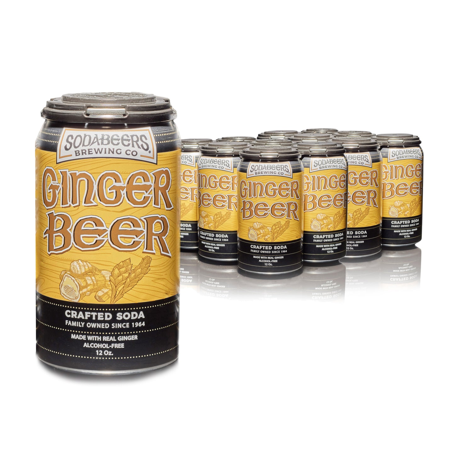 Multiple cans of Sodabeers Ginger Beer on a white background