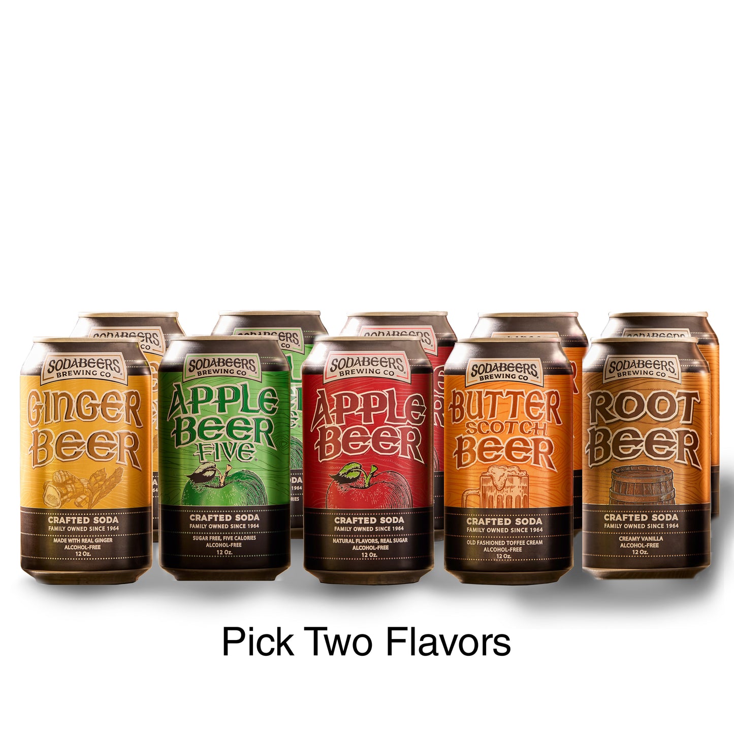 Assorted cans of SodaBeers' Ginger Beer, Apple Beer, Butterscotch Beer, and Root Beer on a white background.