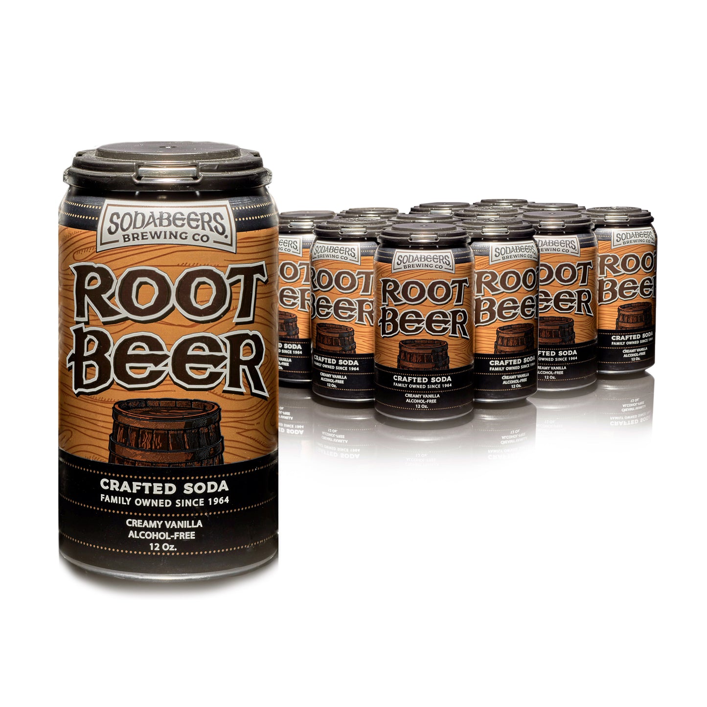 Multiple cans of Sodabeers' Root Beer on a white background